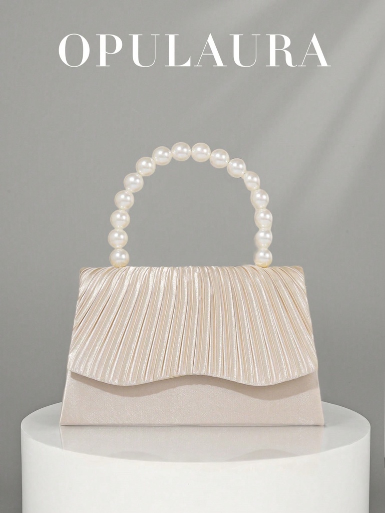 Bolso de mano de satén con perlas falsas elegante para mujer de OpulAura, bolso de novia romántico, accesorio de vestido de noche exquisito y encantador, diseño plisado sofisticado de embrague, adecuado para ocasiones formales como galas, bailes, fiestas de cumpleaños, regalo para vacaciones