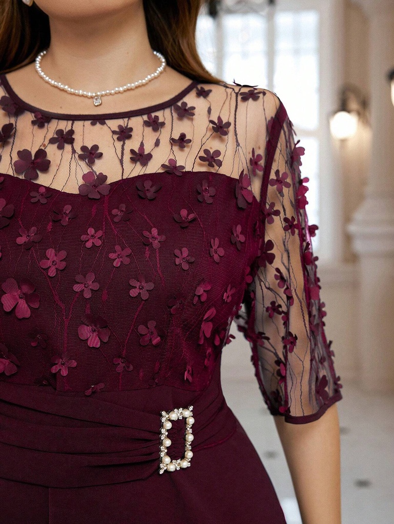 SHEIN Clasi Vestido de fiesta de moda con empalme de malla de talla grande