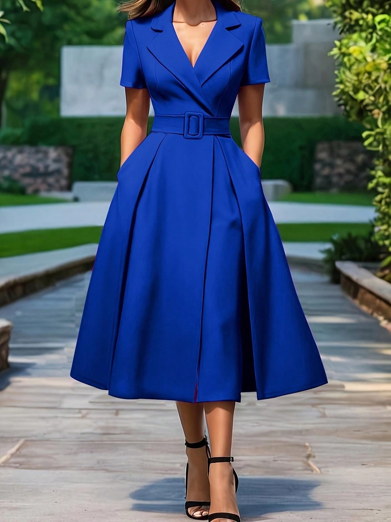 Vestido elegante y de moda minimalista formal de manga corta con cuello y cintura ceñida en estilo línea A con cinturón a juego para uso diario
