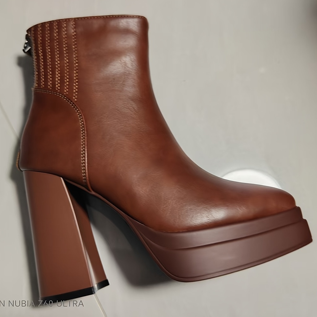 Botas de Moda con Suela Gruesa y Tacones Altos | Punta Chica, Cierre de Cremallera, Tacones Medios, Parte Superior Sintética