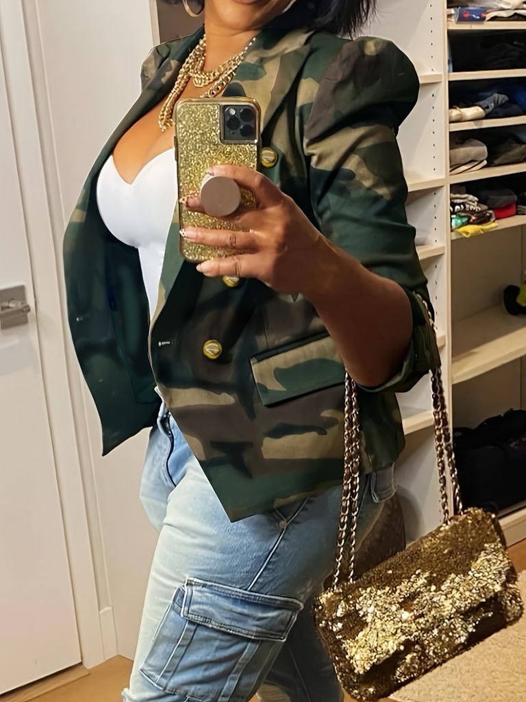 Chaqueta de Camuflaje para Mujer - Elegante Blazer con Botones y Hombros Alineados, Abrigo de Manga Larga para Oficina y Uso Diario para Otoño/Invierno