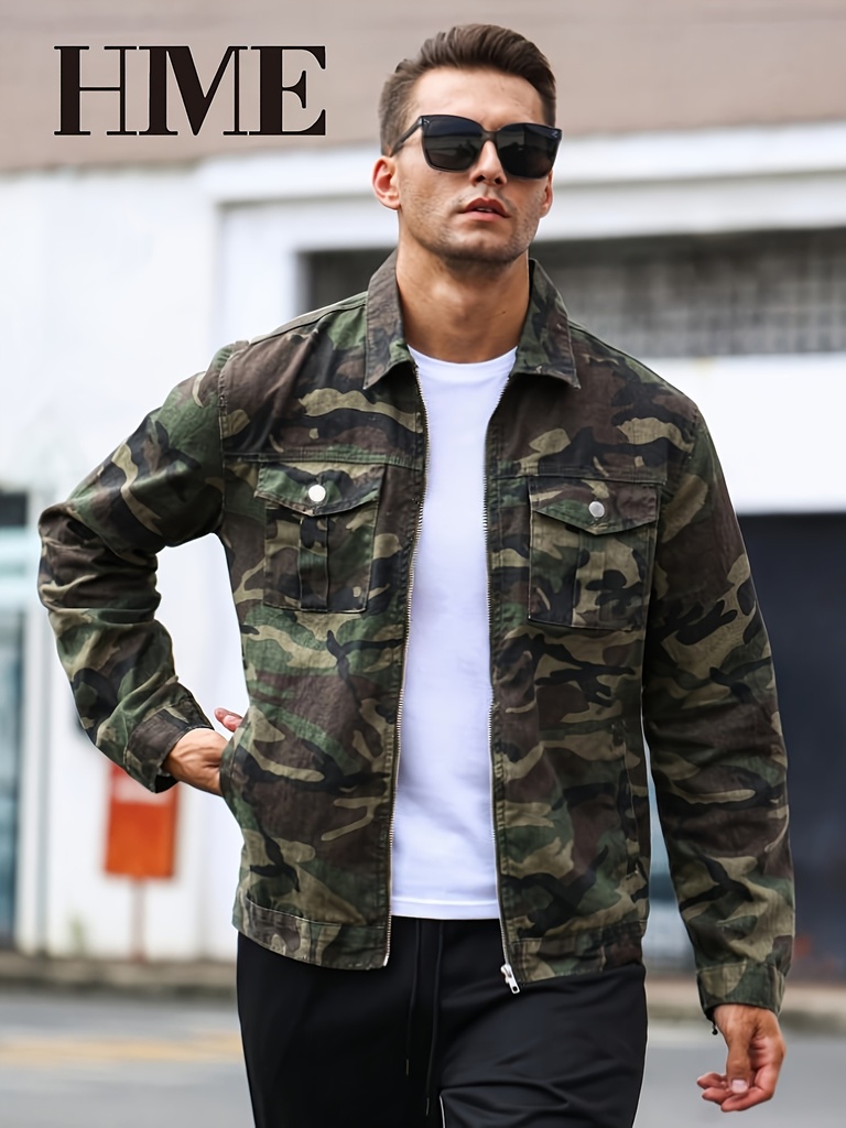 Chaqueta vaquera de camuflaje casual para hombre HME | Corte regular, múltiples bolsillos, tela sin elasticidad
