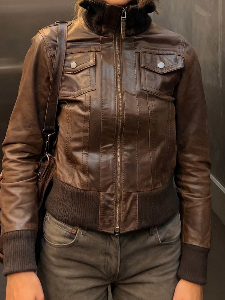 Chaqueta de Mujer Otoño/Invierno Marrón, Diseño Corto con Cintura Ajustada, Estilo Workwear con Bolsillos de Parche, Cremallera y Cuello Alto, Moda Urbana Versátil