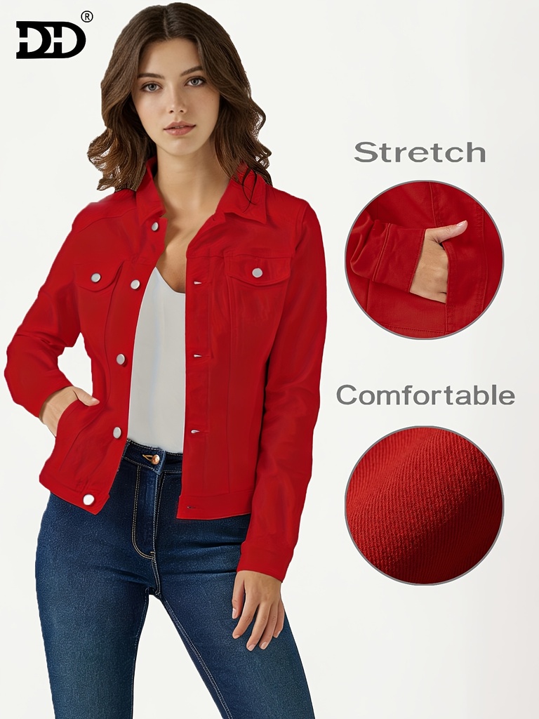 Nueva Chaqueta de Mezclilla Ajustada y Elástica para Mujer, Abrigo Casual y Estiloso de Mezclilla Lavado Rojo, Ropa Elegante Inspirada en los 90, Top Corto de Mezclilla con Bolsillos, Ideal para Picnics, Viajes y Ropa Deportiva de Fin de Semana