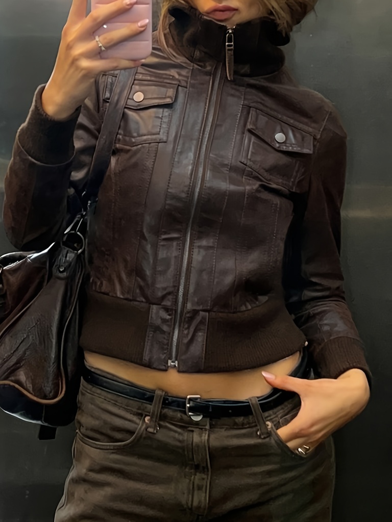 Chaqueta Vintage con Cremallera Marrón, Abrigo Slim-Fit Versátil de Alta Gama para Estilo Casual Urbano