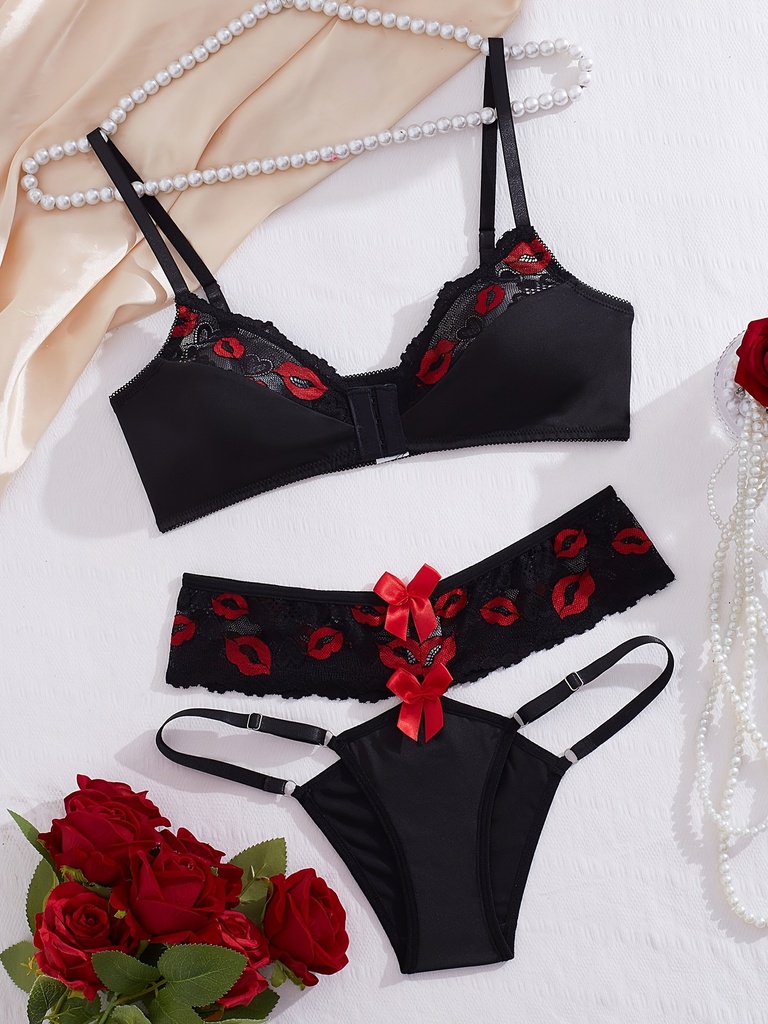 Conjunto de sujetador de encaje con bordado de labios rojos sexy | Detalles de encaje en contraste con patrón de impresión aleatorio