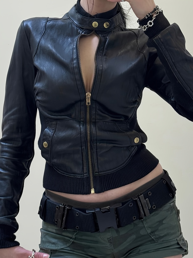 Chaqueta estilo motociclista, ajustada, con cuello alto y bolsillos con cierre, nueva moda de otoño/invierno, suéter fresco