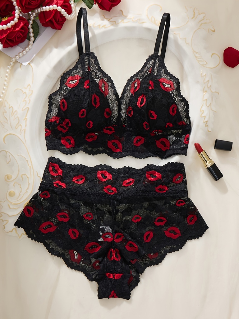 Conjunto de Lencería de Encaje Completo para Mujer, Encaje con Estampado de Labios Rojos, Sujetador Largo Sin Aros + Tanga de Encaje, Conjunto  de Dos Piezas, Tirantes Ajustables, Suave, Cómodo y Transpirable, Estilo Francés Romántico, Elegante y Lindo, Realza el Encanto, Elección para Mujeres