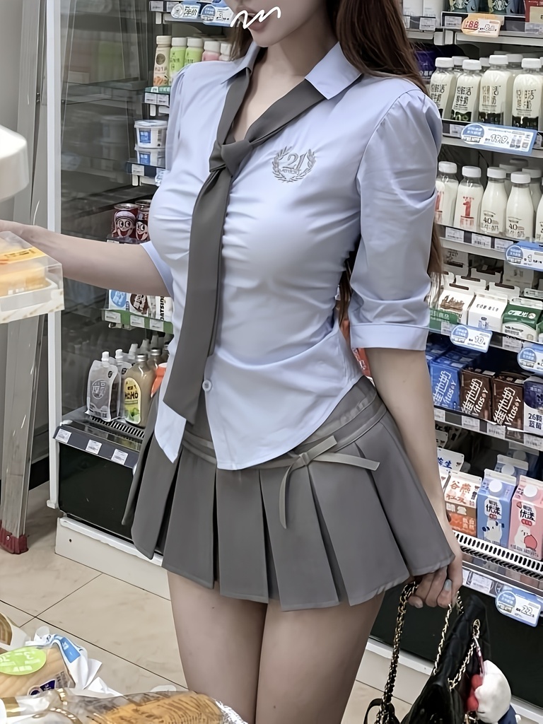 Conjunto de Camisa Azul Bordada y Falda Plisada | Estilo Académico Casual, Diseño Entallado en la Cintura, Temporada Primavera/Otoño