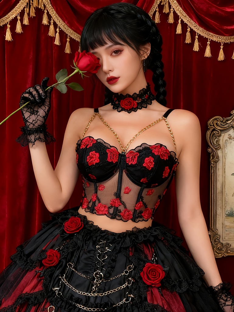 Corset gótico bordado con rosa, correa de cadena y espina de pez | Top corto sexy sin mangas con cintura ceñida y triple hebilla ajustable, sin relleno, perfecto para adultos - EZNV.