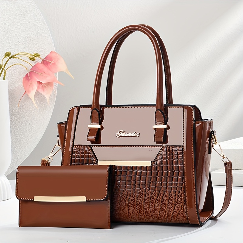 Conjunto de Bolso Elegante Blanco para Mujer con Patrón de Cocodrilo y Decoración Metálica de Letras Modernas, Interiores Multinivel, Bolso de Hombro de Gran Capacidad Adecuado para Uso Diario