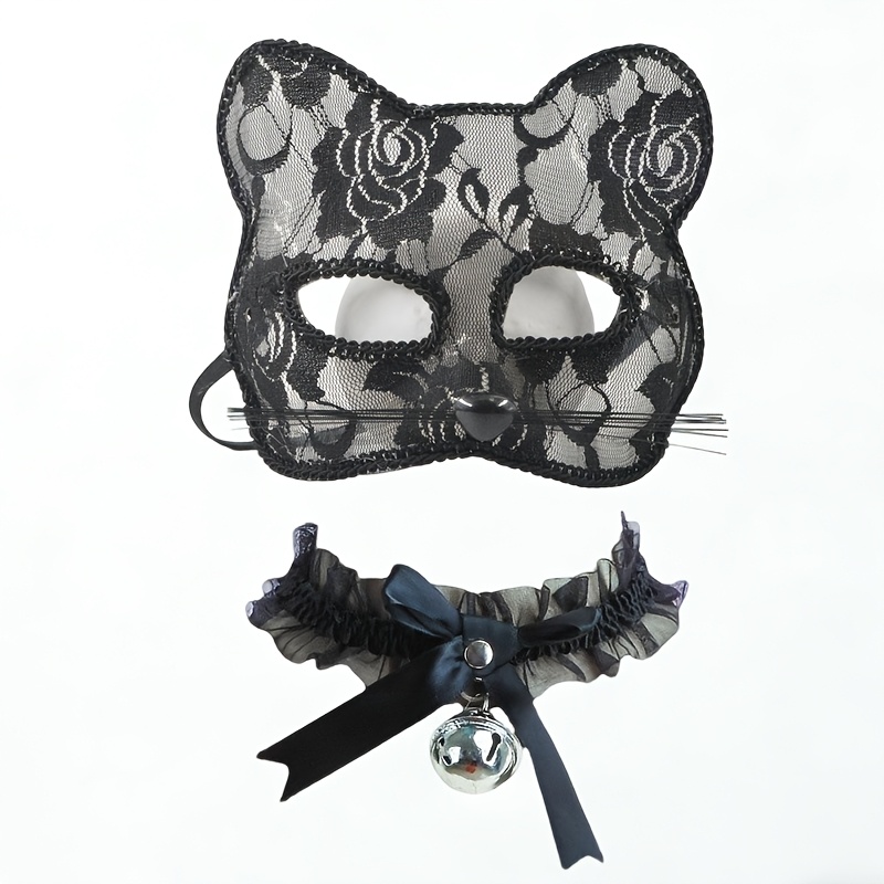 2 Piezas Máscara Gótica de Gato y Collar con Campana - Lencería de Encaje /Blanco con Diseños de Rosas y Detalle de Campana, Disfraz Gótico  para Mascaradas, Cosplay, Fiestas de Halloween - Accesorio Elegante de Máscara y Collar