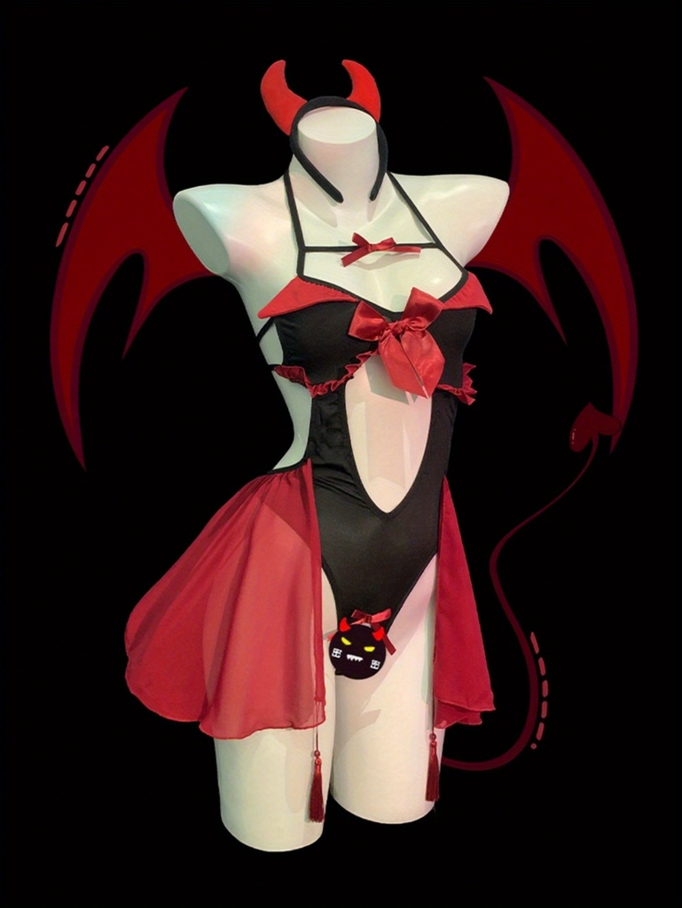 Un conjunto sexy de juego de rol para Halloween con un tema de pequeño diablo, que incluye un mono negro, una bata de combate de vampiro y lencería Pure Desire, perfecto para una cita nocturna, conjunto para una noche de cita, disfraz de Halloween, mono sexy, disfraz de vampiro
