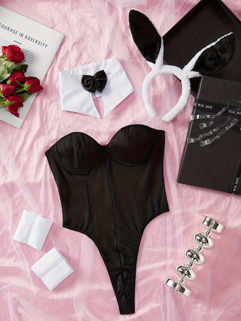 Conjunto de uniforme erótil de juego de rol de conejito sexy para mujeres europeas y americanas de 4 piezas | Body con lazo frontal + manillas de muñeca + diadema + pajarita - Traje de fiesta de color sólido