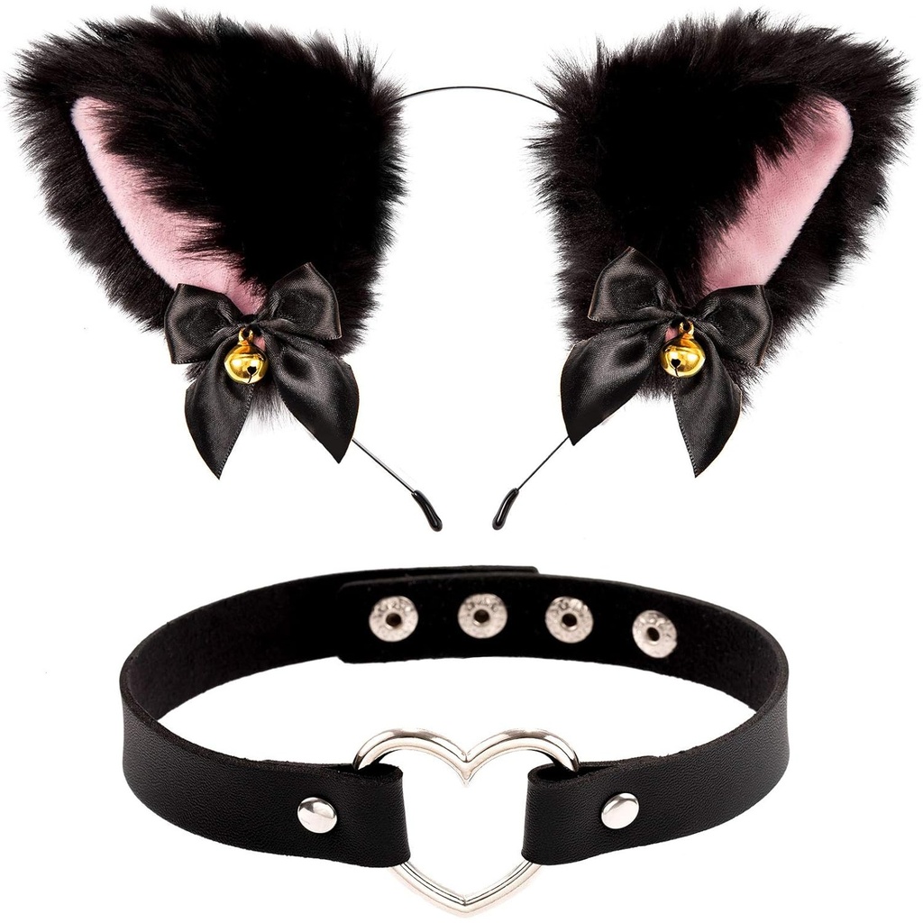 Diadema de Orejas de Gato con Campana y Collar de Corazón, Banda de Pelo de Pelo Suave para Mujeres, Adultos, Cosplay, Fiesta de Disfraces, Navidad, Drama, 2 Piezas