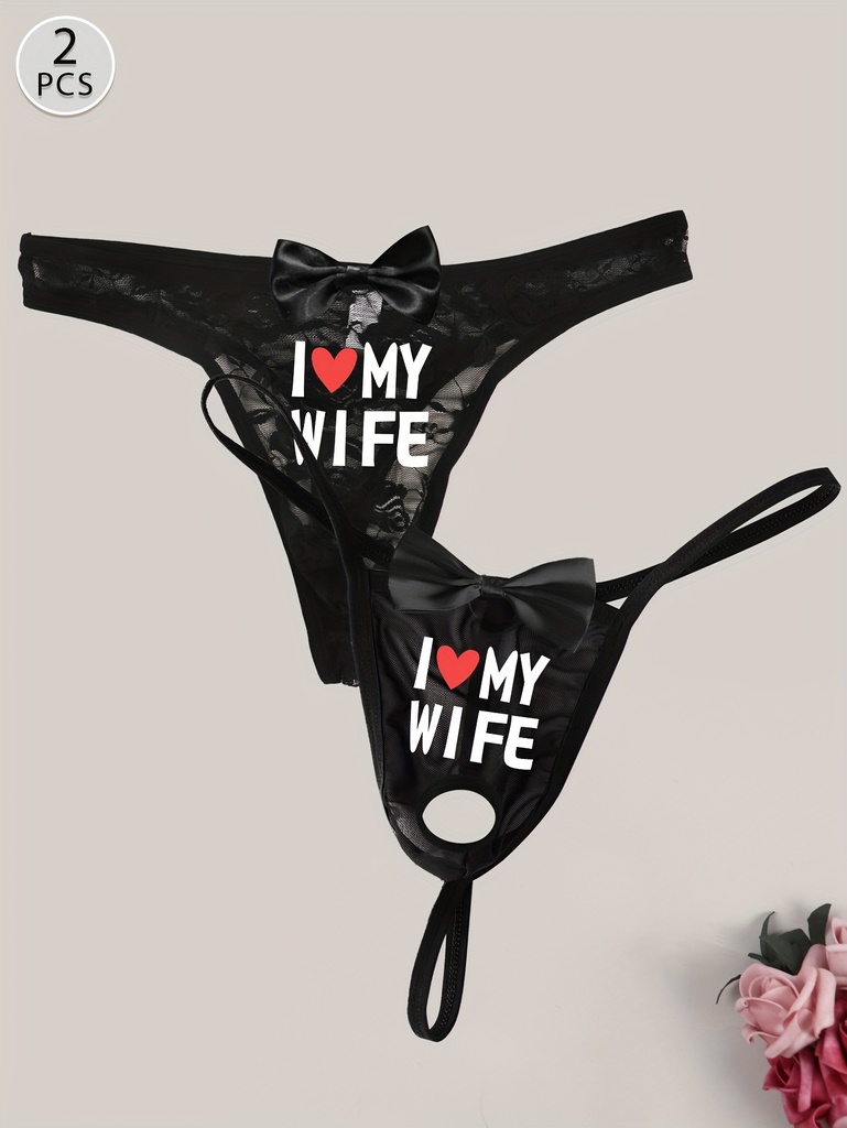 2pcs Tangas Negros para Hombre con Estampado "AMO A MI ESPOSA" y Detalle de Lazo + Corte Frontal, Ropa Interior Sexy Cómoda y Transpirable