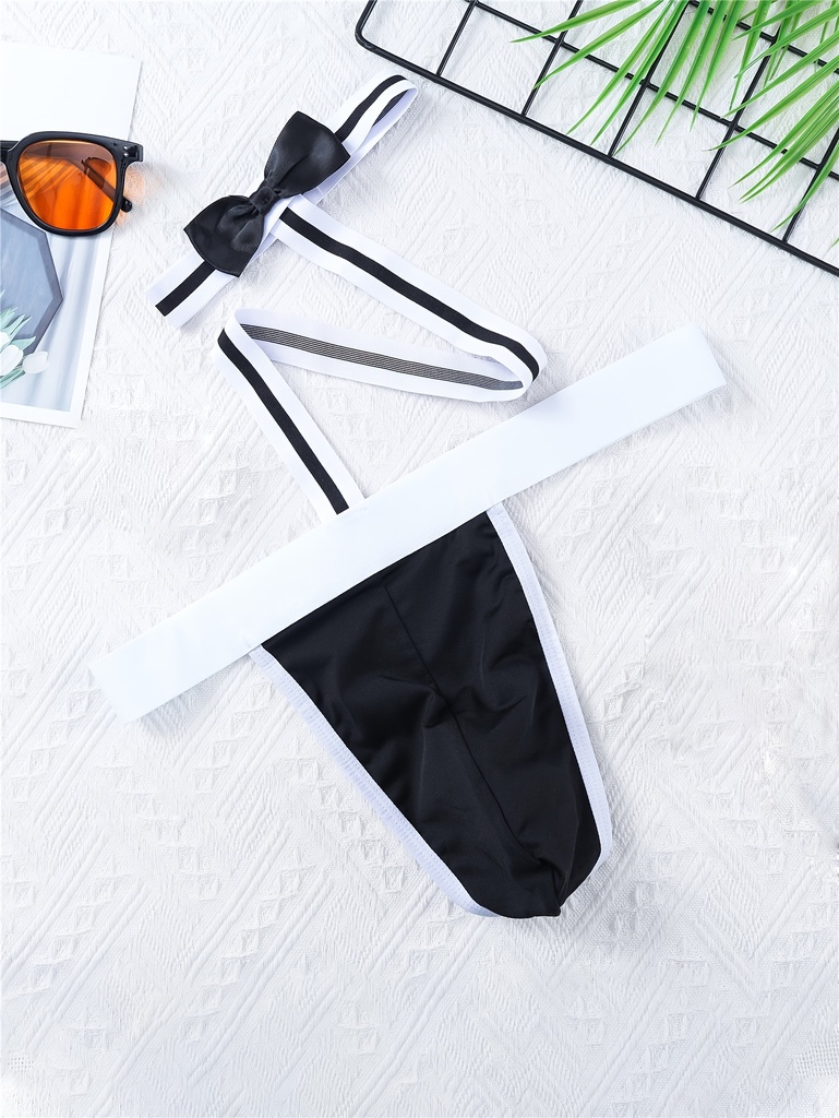 Tanga de hombre sexy de cintura baja con tirantes ajustables y detalles de lazo - Poliéster elástico, perfecto para trajes de baño o fiestas en clubes nocturnos, tallas S/M/L