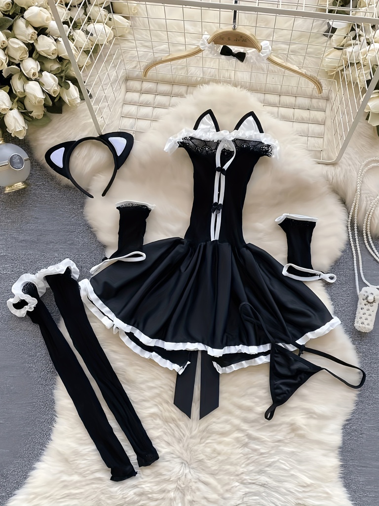 Conjunto de vestido sexy de encaje con bodysuit de jacquard talla plus, 7 piezas, tela suave y elástica, incluye medias, disfraz para roleplay, cómodo y moderno para uso diario