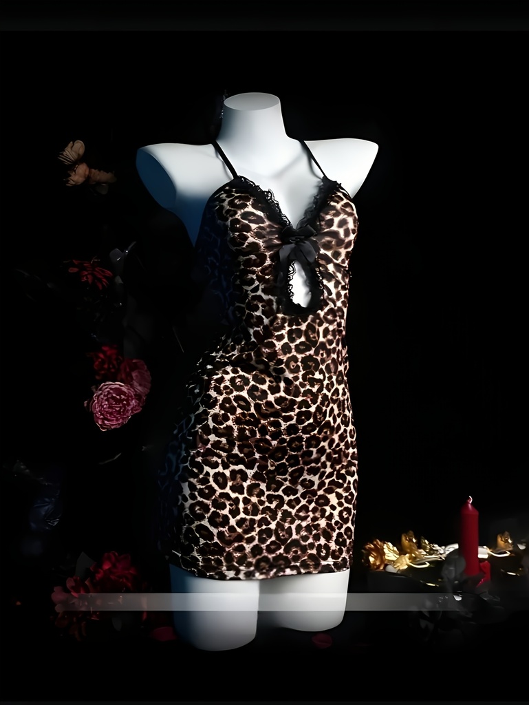 Conjunto de pijama sexy con estampado de leopardo y cuello halter | Uniforme de juego de rol con corte nítido y detalle de tiras cruzadas, perfecto para la noche de citas de parejas
