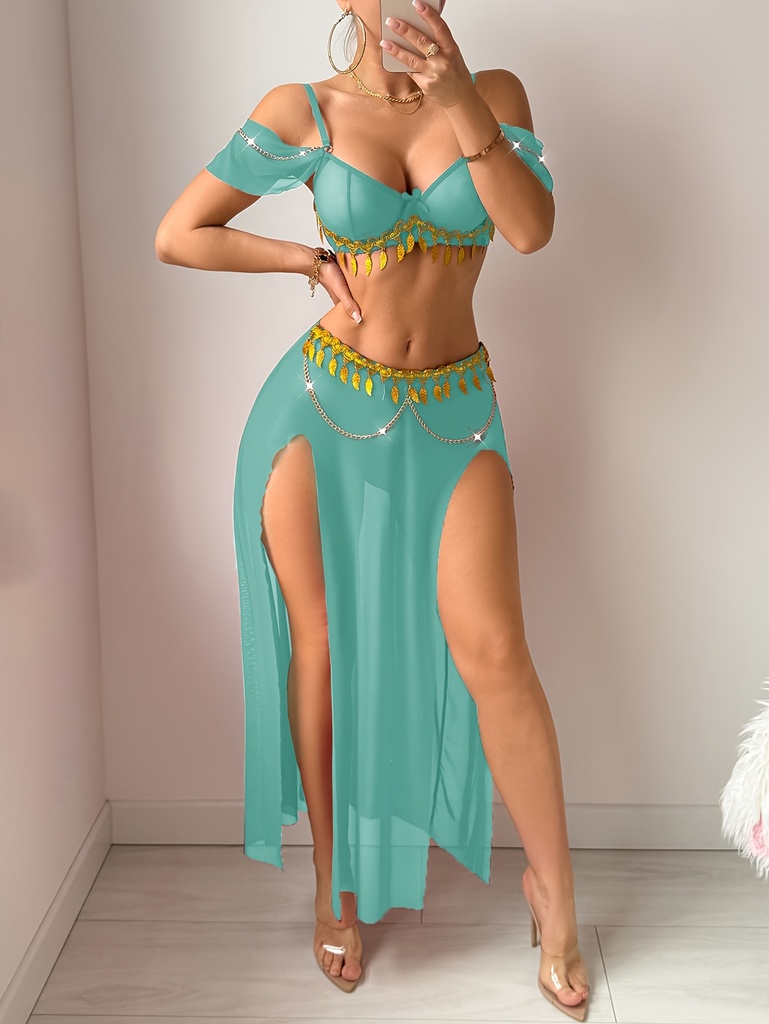 3 piezas Elegante Body de Lencería con Cadena Transparente y Abertura Larga - Detalle de Cadena Metálica Dorada, Conjunto Semi-Ropa Interior Lavable a Mano, 3 Piezas para Fiestas Temáticas y Ocasiones Especiales (Novedad)