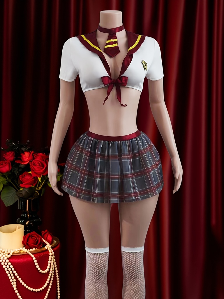 Conjunto Sexy Uniforme Cuello Marino Falda Plisada a Cuadros con Lazo Caja de Regalo de Cuatro Piezas Ropa Interior, Disfraz de Halloween, Disfraz de Navidad, Disfraz de Cosplay, Disfraz de Juego de Roles, Disfraz de Evento Temático, Disfraces de Halloween, Disfraz Sexy, Traje Sexy, Atuendo Sexy