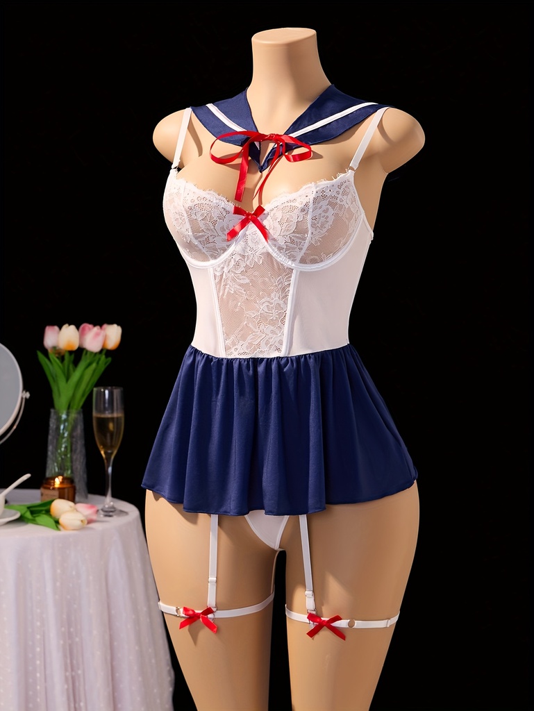 Disfraz de Lencería para Mujer (Top, Tanga, Gartos de 2 Piernas, Cuello) Set de 5 Piezas, Disfraz para Juegos de Rol, Lencería para Mujer, Ropa Sexy para Mujer