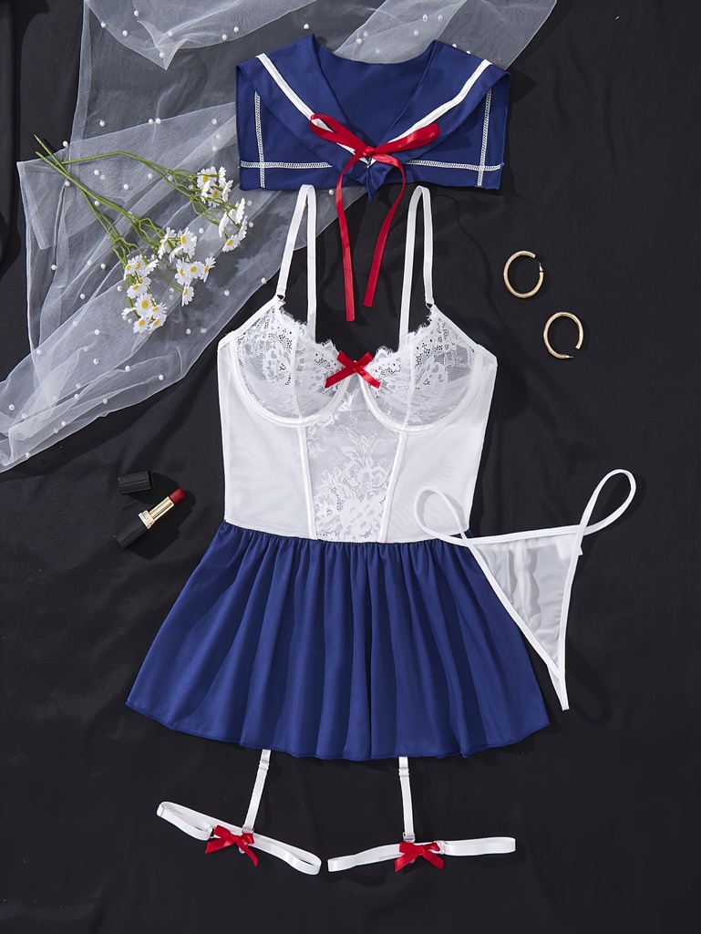 Nuevo Conjunto de Lencería Militar Estilo Cosplay para Mujer: Falda con Tirantes + Chal + Bragas + Bandas para Piernas - 2 Piezas - Juego de 4 Piezas