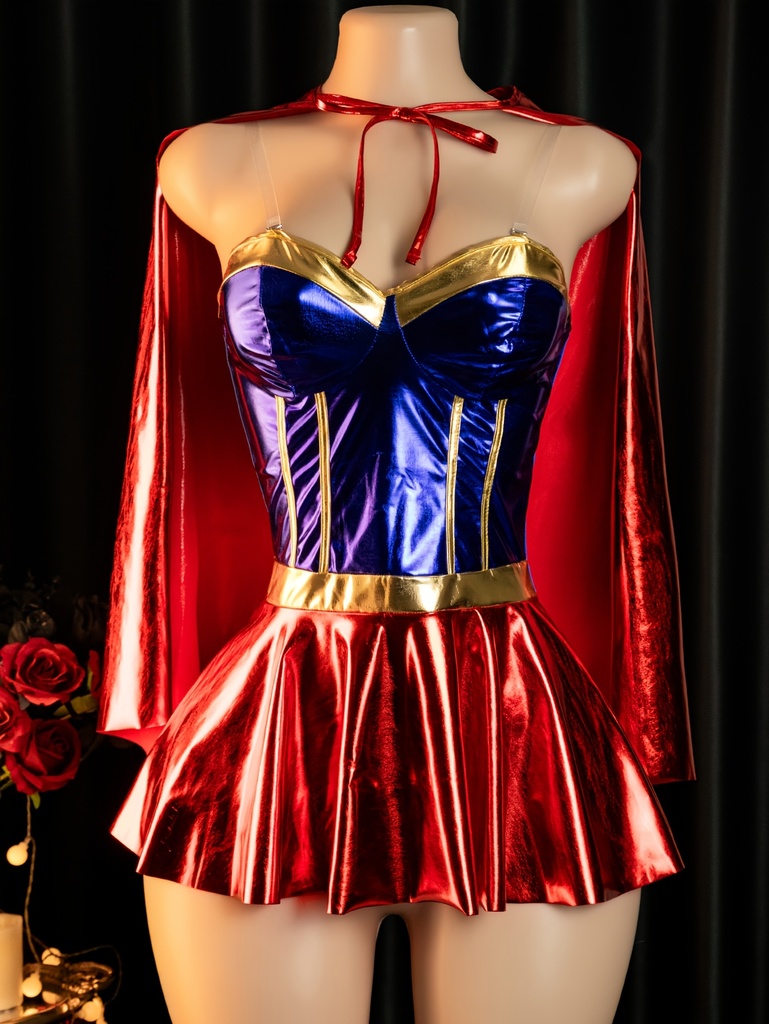 Lencería , Conjunto de Uniforme de Cosplay de Superhéroe Atractivo, Nuevo Disfraz Erótico Audaz para San Valentín que Revela Lencería Exótica y Atractiva. Incluye: Vestido + Capa. Cosplay de Superhéroe, Disfraz de Rol, Uniforme Erótico para Mujeres, Juego de Rol