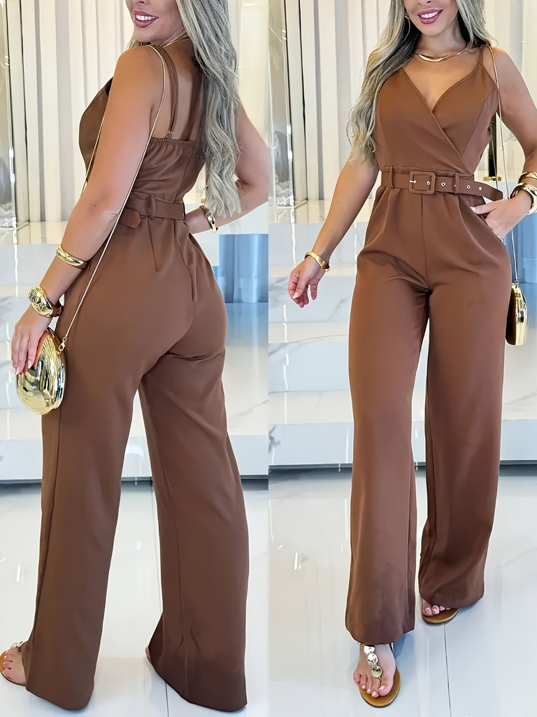 Conjunto de mono casual para mujer con cuello en V y piernas anchas - Ligero, lavable a máquina, color sólido, ideal para primavera/verano, con pantalones holgados, perfecto para uso casual y eventos sociales, diseño elegante