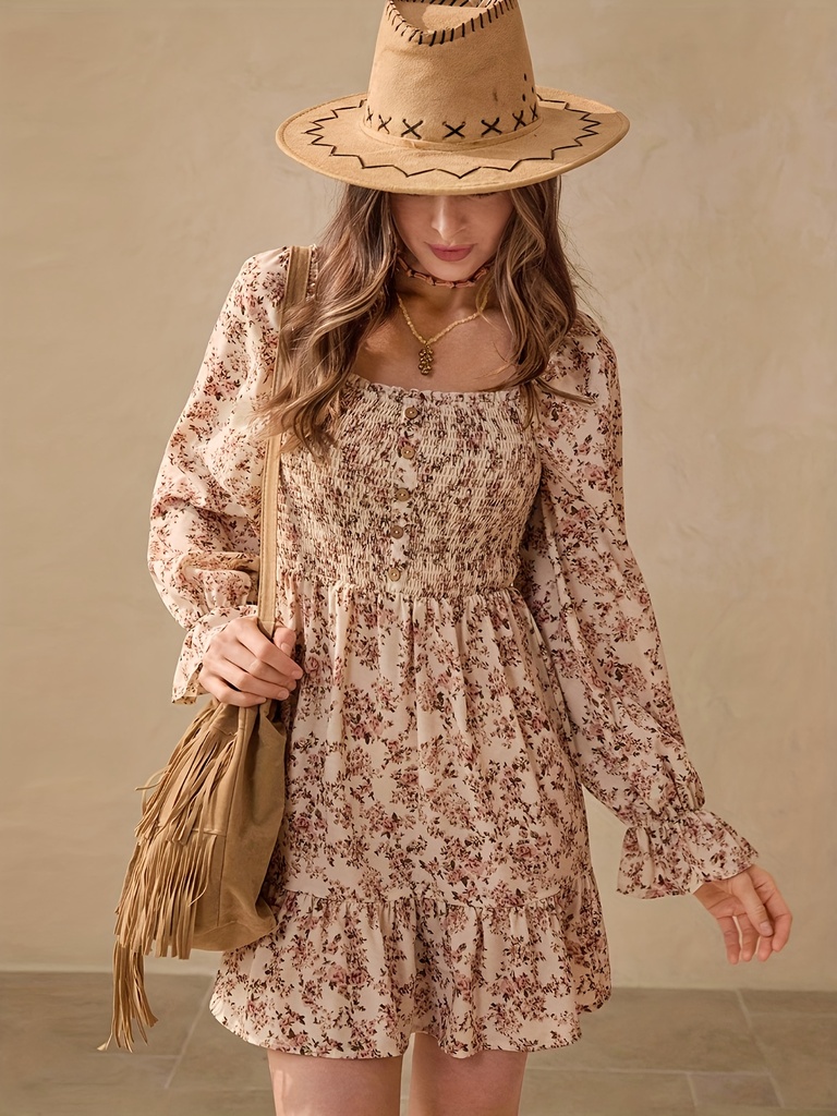 Vestido corto bohemio para mujer con estampado floral, ruedos con volantes y escote cuadrado - Vestido tipo a-line para bodas, festivales, conciertos country - Ropa de primavera/otoño (lavable a máquina, sin estirar)