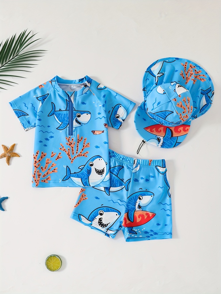 Conjunto de ropa de baño para niños con diseño de ballena: camiseta elástica de surf, pantalones cortos y sombrero, ideal para vacaciones en la playa.