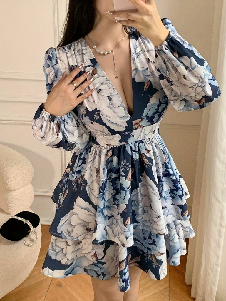 Vestido mini de mujer con estampado floral, cuello en V profundo y manga campana, con dobladillo con volantes | Mini vestido de otoño a la moda, perfecto para salidas diarias