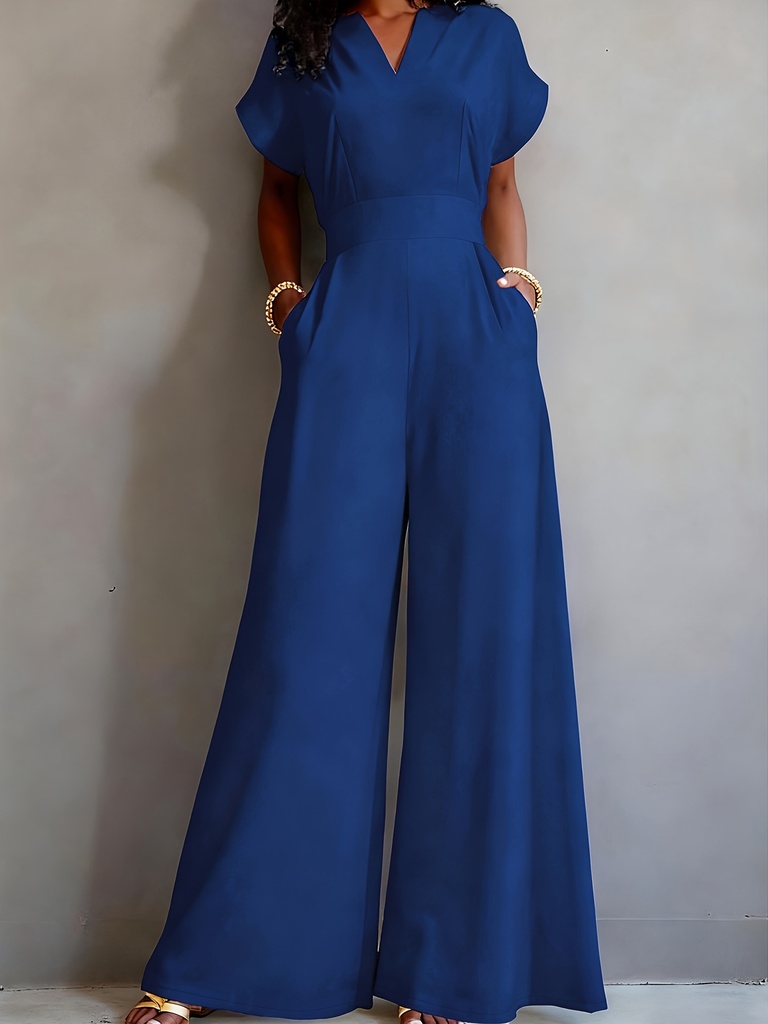 Mono Largo de Mujer de Nuevo Estilo Elegante y Ajustado, Color Sólido, Cuello en V con Escote en V, Manga Corta con Mangas Murciélago, Pierna Ancha, Cintura Alta con Bolsillos, Volantes, Pinzas y Diseño de Cintura Ajustada que Acentúa Perfectamente las Curvas del Cuerpo. Una Pieza Destacada para el