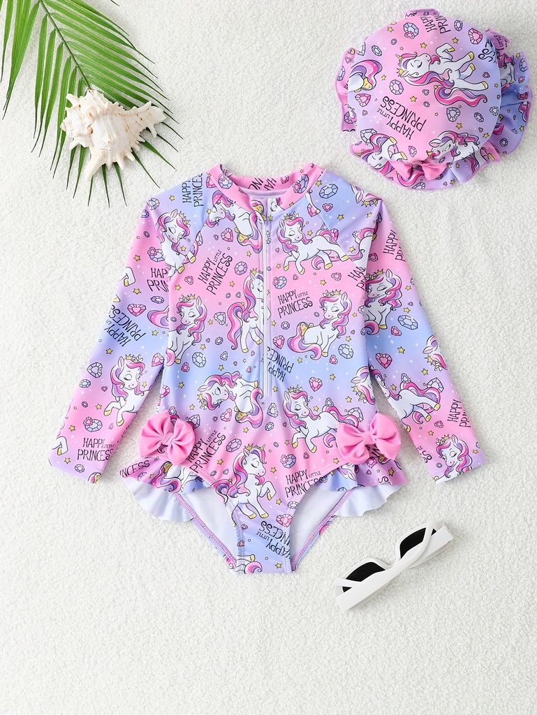 Traje de Baño de Una Pieza con Sombrero para Niñas, Moda Infantil