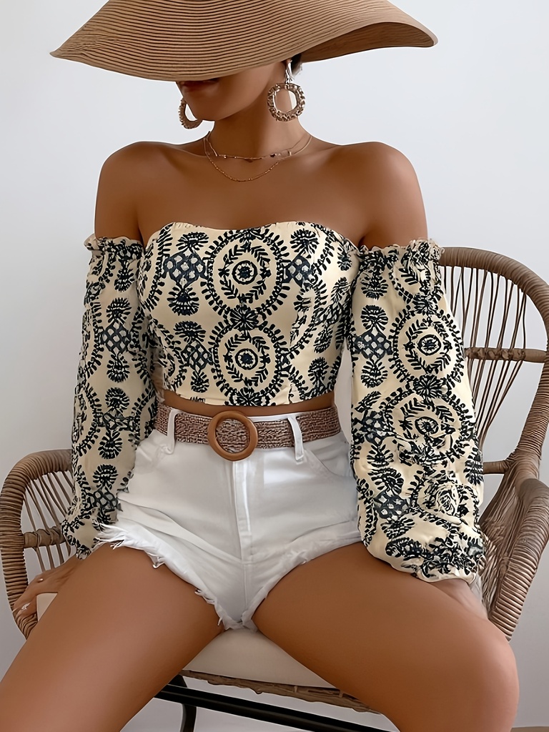 Blusa de Manga Larga con Estampado Paisley Pegaso/Paisley, Cuello Barco, Adecuada para Grecia, Casual y Elegante para Primavera-Verano, Lavable a Máquina, Ideal para Vacaciones en Resort