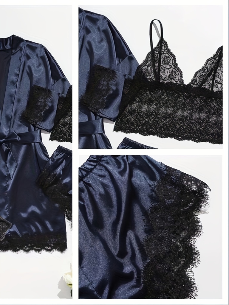 Un conjunto de cuatro piezas para mujer que incluye una bata larga de satén con cuello en V y ribete de encaje, acompañada de una camisola de encaje y bragas, ideal para cualquier temporada. Perfecto para ropa de estar en casa, ropa de dormir y uso casual.