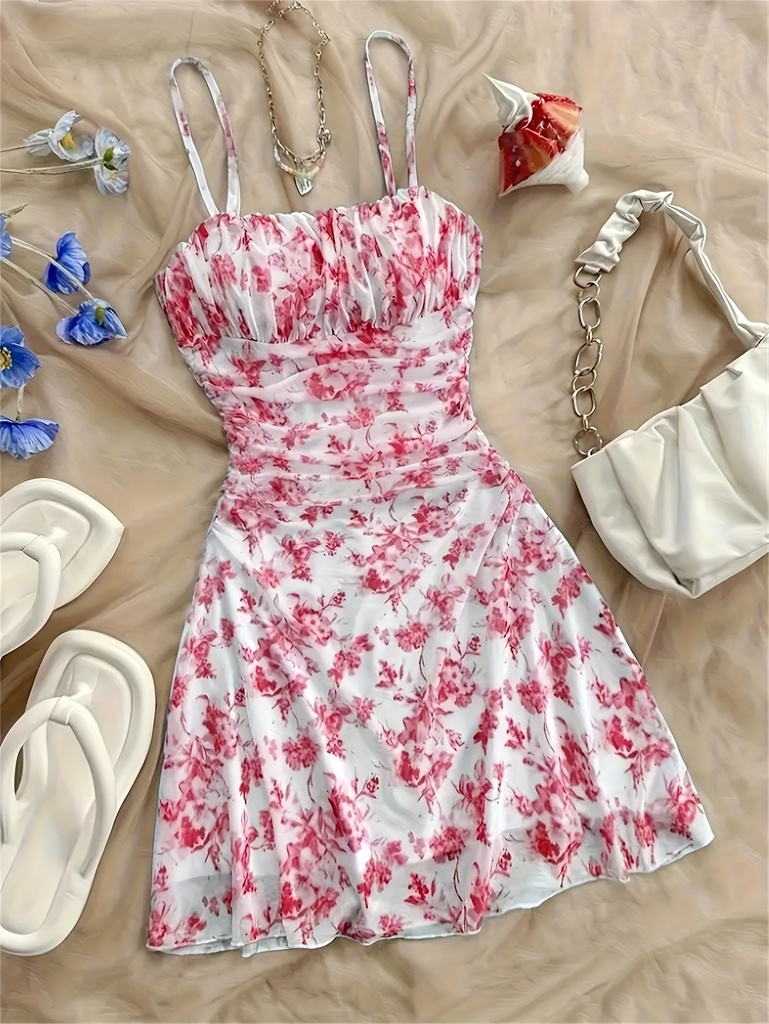 Vestido de tirantes con estampado floral para mujer, ajustado, elástico, mini, con estampado de flores rojas y blancas, lavable a máquina, ligero, para primavera, verano, playa, fiestas y looks casuales