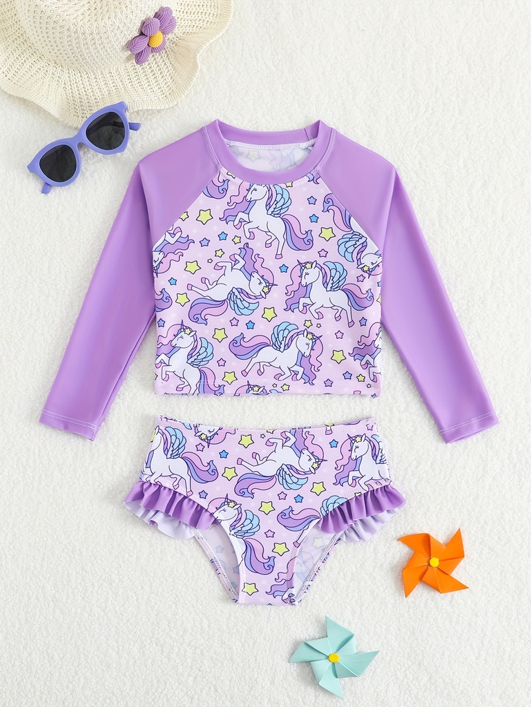 Conjunto de 2 piezas de traje de baño para niñas con estampado de caballito blanco y estrellas, 1 top de manga larga + 1 bermuda con volantes, elástico y secado rápido, ideal para vacaciones en la playa o fiestas en la piscina