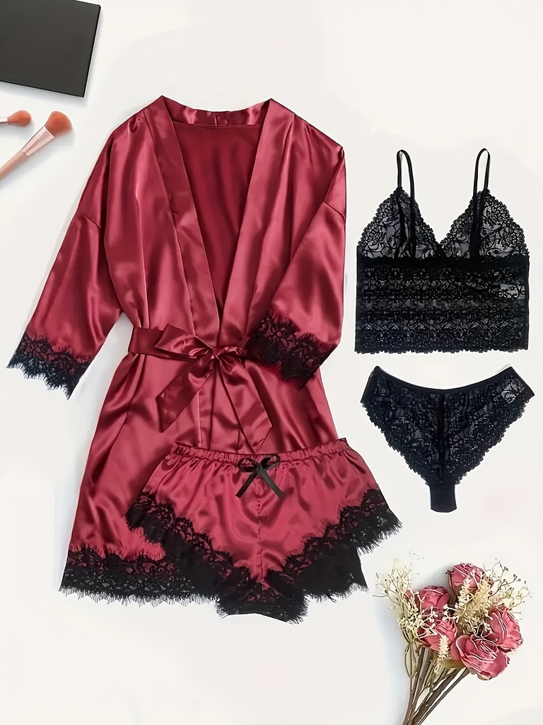 Conjunto de ropa de estar en casa, bata, camisola de satén de encaje sexy para mujer