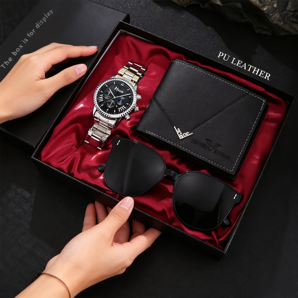 3 Piezas Set de Reloj de Lujo para Hombre - Reloj de Cuarzo con Cartera y Gafas de Moda, Juego Completo de Regalo para Navidad/Día del Padre