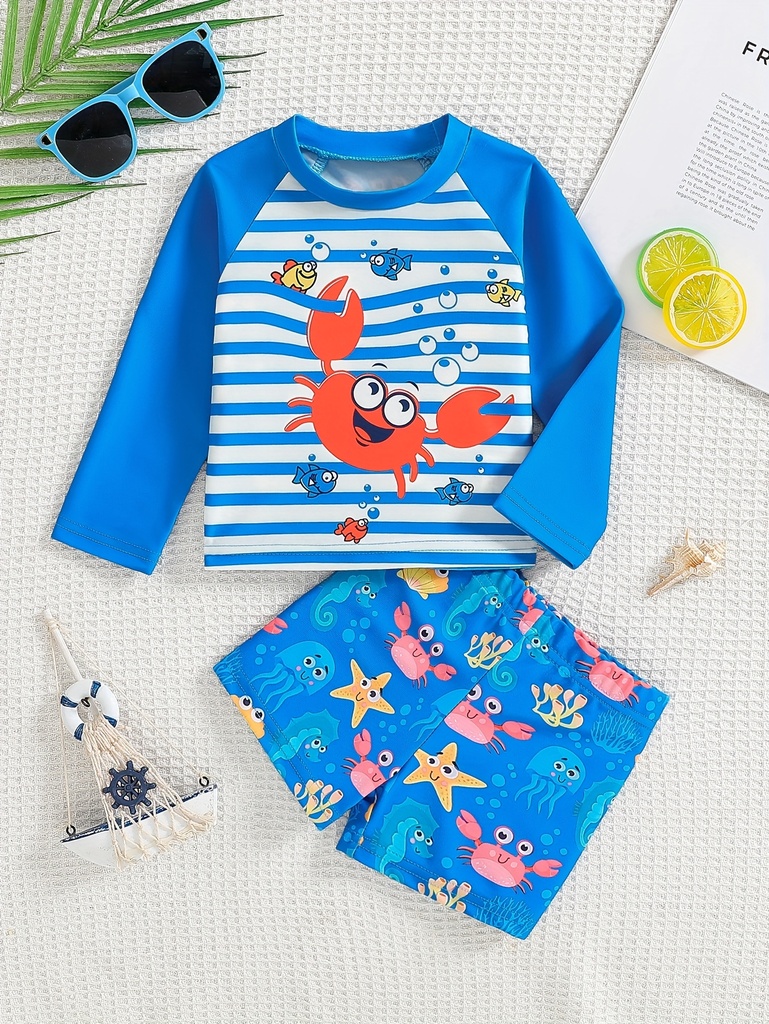 Traje de Baño Estilo Ins para Niños con Estampado de Cangrejo, Shorts y Camiseta de Manga Corta - Ropa de Playa de Dos Piezas para Verano