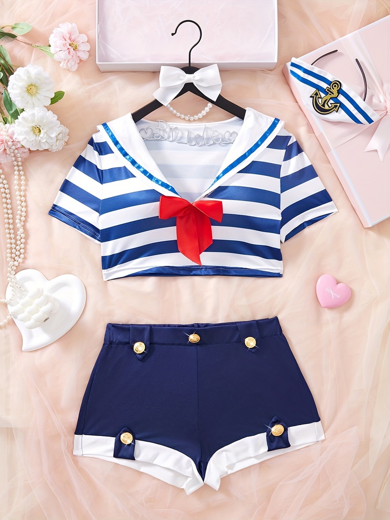 3 Conjuntos de Traje Estilo Marino con Lazo Adelante a Rayas