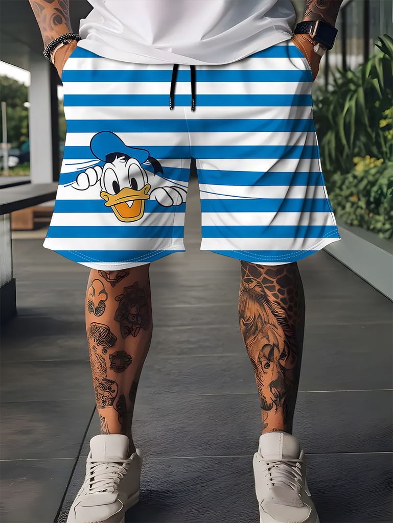 Pantalones cortos de Donald Duck azules y blancos con rayas para hombre - Cintura con cordón suelto, estilo streetwear para exteriores, deportes, fiestas y uso casual, perfectos para la playa, senderismo y ropa casual, pantalones cortos para fiestas | Pantalones cortos de estilo callejero | Tela no elástica