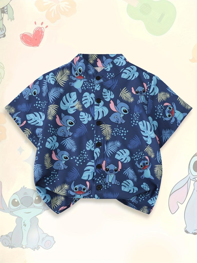 Camiseta Disney Stitch para Niños - Camisa Oficial con Estampado de Stitch, Suave y Transpirable con Botones para Niños y Niñas +, Ideal para Cumpleaños o Vacaciones, Ropa Cómoda para Fans de Disney, Diseño Divertido, Atuendo Perfecto para la Playa, Playera Infantil