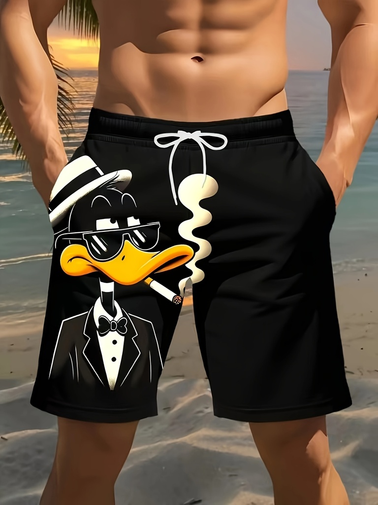 Pantalones cortos de playa para hombre con estampado 3D de pato - Cintura ajustable con cordón, trajes de baño ligeros de poliéster para vacaciones de verano, golf, pesca, baloncesto, camping y gimnasio - Pantalones cortos casuales cómodos con pantalones cortos de golf