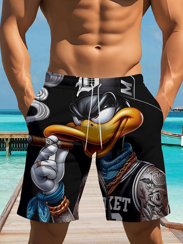 Shorts casuales de verano para hombre con cinturilla elástica y bolsillos, diseño de pato elegante, azul marino, poliéster ligero, perfectos para ropa casual, shorts de ocio, diseño divertido, shorts ligeros