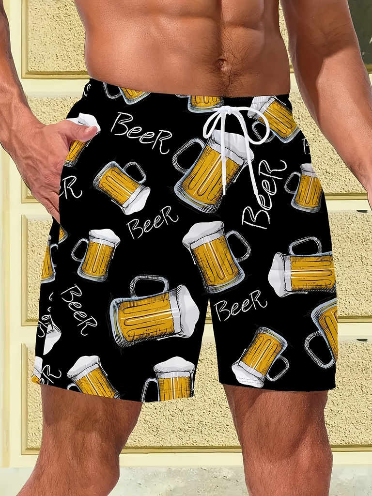 2025 Nuevos Shorts de Playa para Hombre con Estampado 3D de Cerveza y Mar - Cintura Ajustable de Poliéster Casual, Ligeros y Cómodos para el Verano | Shorts con Cordón | Shorts de Ajuste Cómodo para , Pesca, Baloncesto, Camping, Gimnasio, Natación y Playa