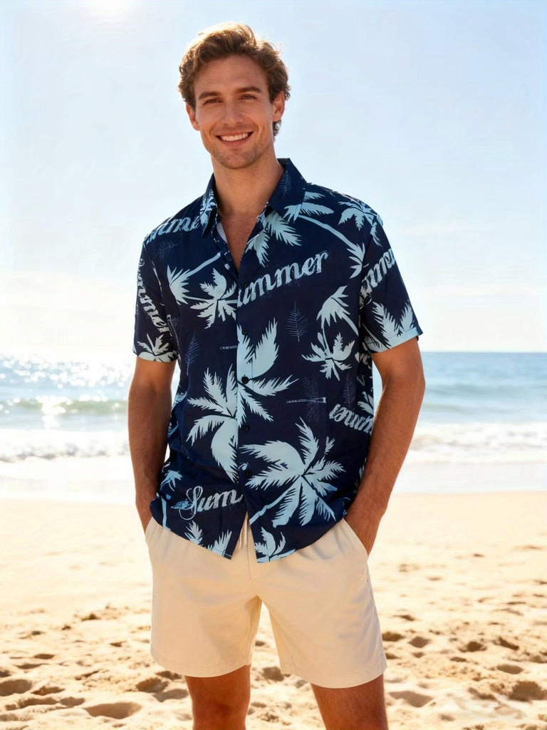 Camisa de Playa con Palmeras Tropicales y  - Cuello Solapa con Botones, Manga Corta, Ropa de Vacaciones de Verano, Lavable a Máquina, Atuendo de Resort para Surf, Piscina y Conjuntos Casuales (Ajuste Regular)
