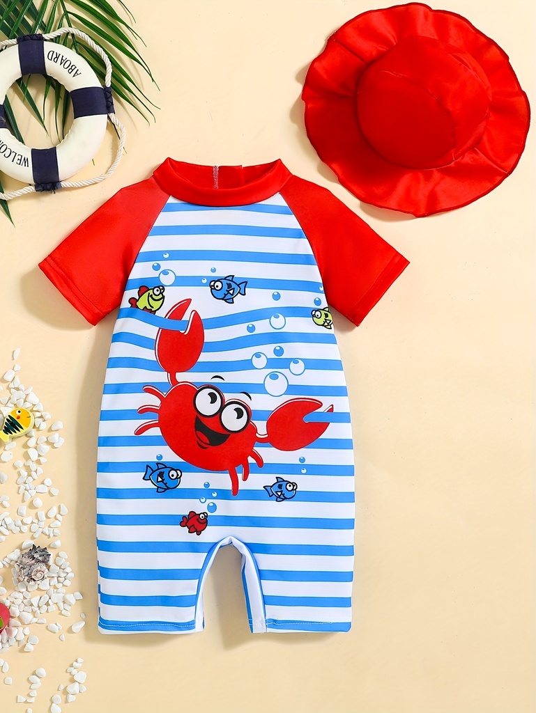 Traje de baño de manga corta para bebé niño recién nacido, con estampado de cangrejo y pez a rayas, diseño de cremallera trasera y conjunto de 2 piezas con gorro rojo para niños pequeños