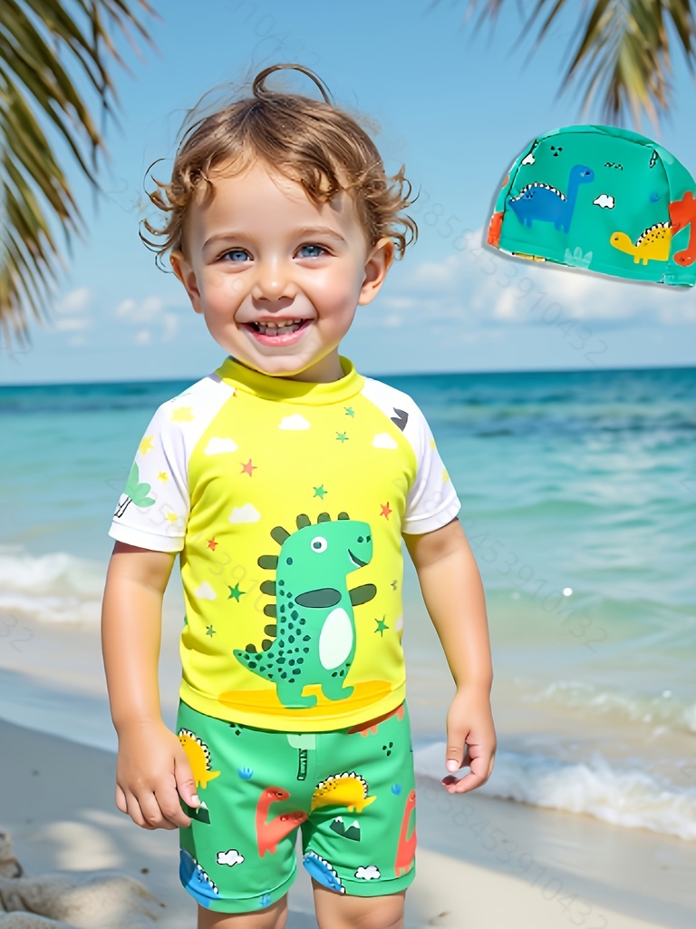 Conjunto de Tres Piezas para Niños con Estampado de Dinosaurio en la Parte Superior, Pantalones y Gorro con Estampado Verde Inferior